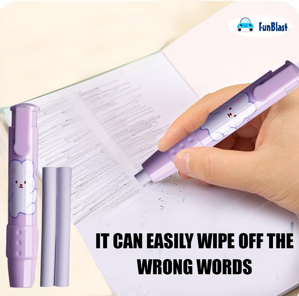 FunBlast Penshaped Erasers ? Retractable Eraser, Press Mechanical Rubbers With 2 Pcs Refill Erasers For Kids Students, Stationery Gift For Kids, Return Gift (Purple), Pink 3