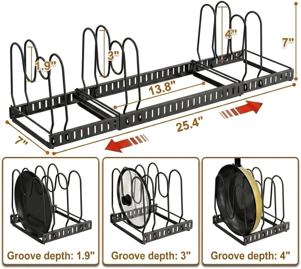 Pot and Pan Organizer Rack for Cabinet, 3 Expandable Pot Lid Organizer Holder with 12 Adjustable Compartment for Kitchen Cutting Board, Pan Lid, Cabinet Cookware Baking