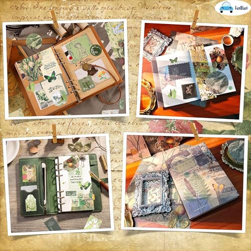 Image of FunBlast Aesthetic Scrapbooking Kit - 213 Pcs Vintage Junk Journal Supplies with Scrapbook Paper, Washi Stickers, A6 Grid Notebook, DIY Craft Journaling Gift for Teen, Girl, Adult (Green)