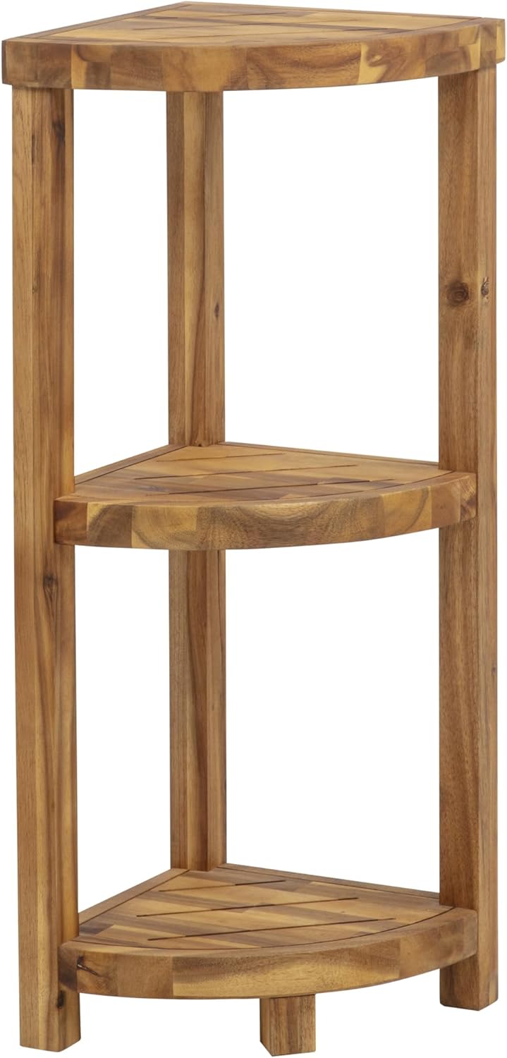 eHemco 3 Tier Solid Hardwood Bathroom Corner Shelf, Natural Oiled Finish