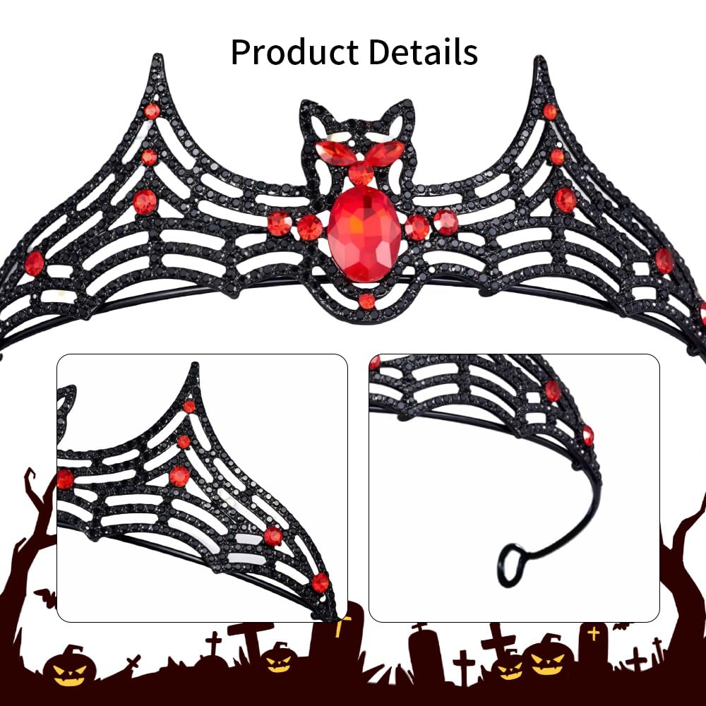 Halloween Tiara Bat Shape Crown Women Crystal Crown Gothic King Queen Tiara Vintage Black Rhinestone Tiara Headband Girl Princess Hair Accessories for Party Headpiece Halloween Costume (Red) - Image 2