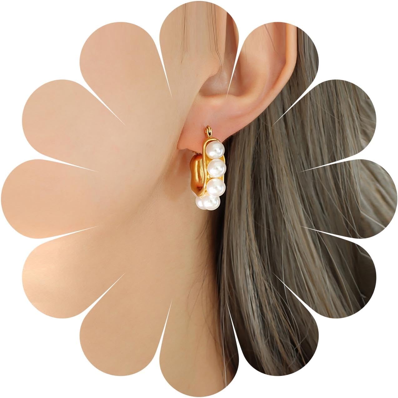 Andelaisi Boho Circle Pearl Hoop Earrings Gold Pearl Circle Hoop Earrings Vintage Pearl Huggies Hoop Earrings Minimalist Pearl Drop Earrings Jewelry for Women