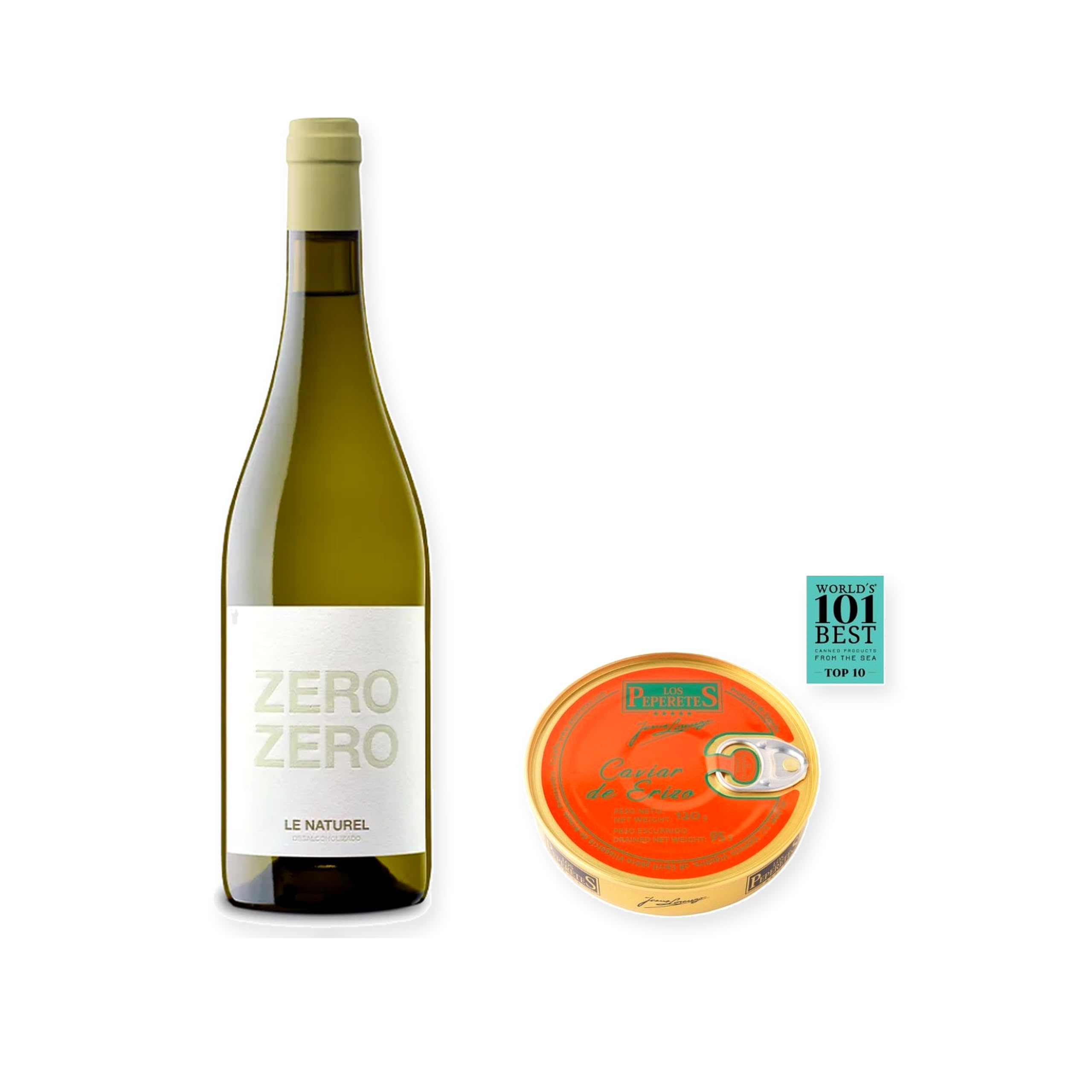 vino sin alcohol Zero Zero Le Naturel Blanco con Caviar de Erizo Los Peperetes - 1 lata y 1 botella de 75 cl