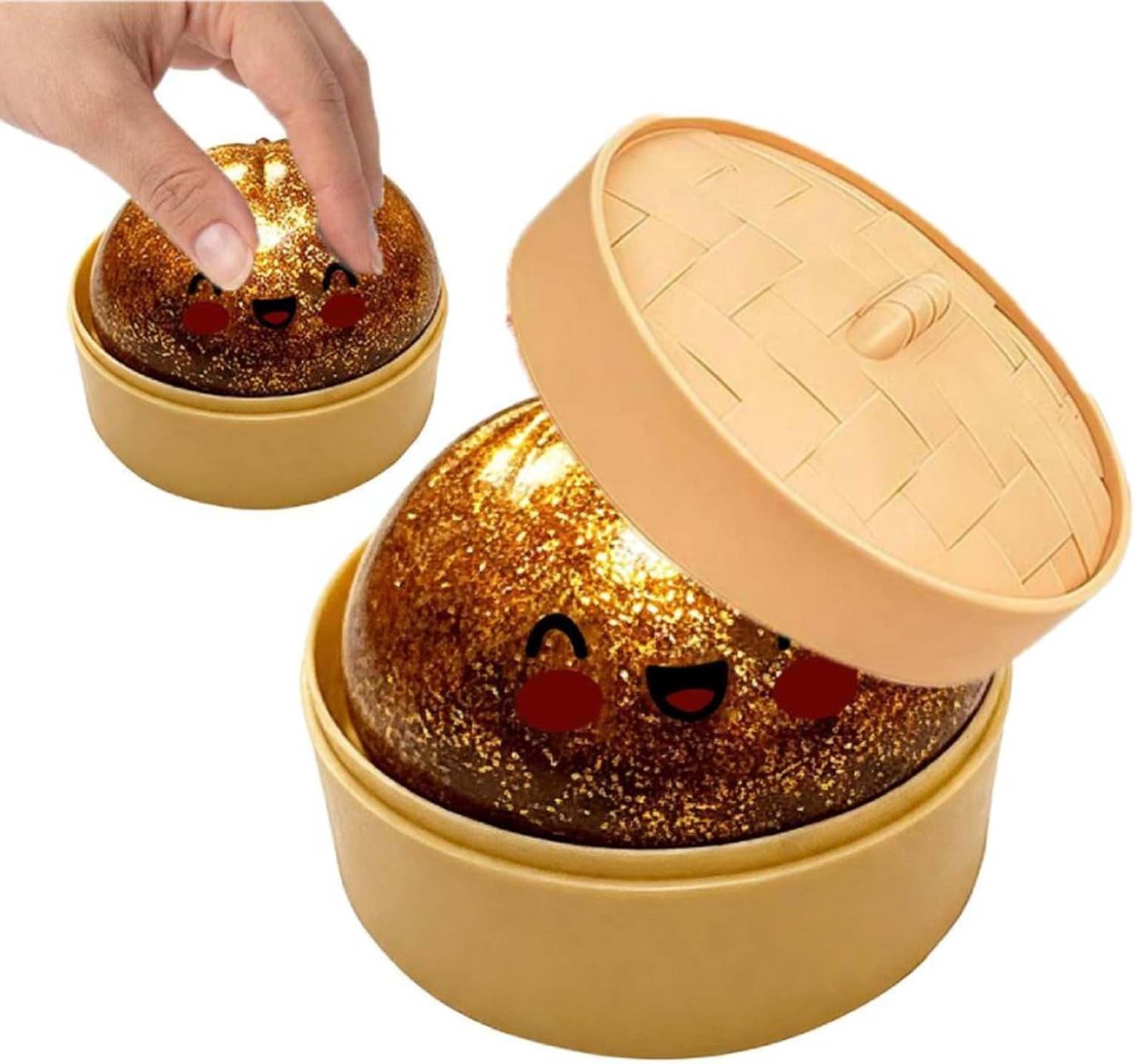 Realistic Dumpling Squishiy Stress Ball with Steamer, Glitter Squeezze Sensory to-y for Anxiety Relief, Soft Dough Bun Fidget, Unique Wooden Spoon, Christmas Holiday Prank Gag Gift (Color B)