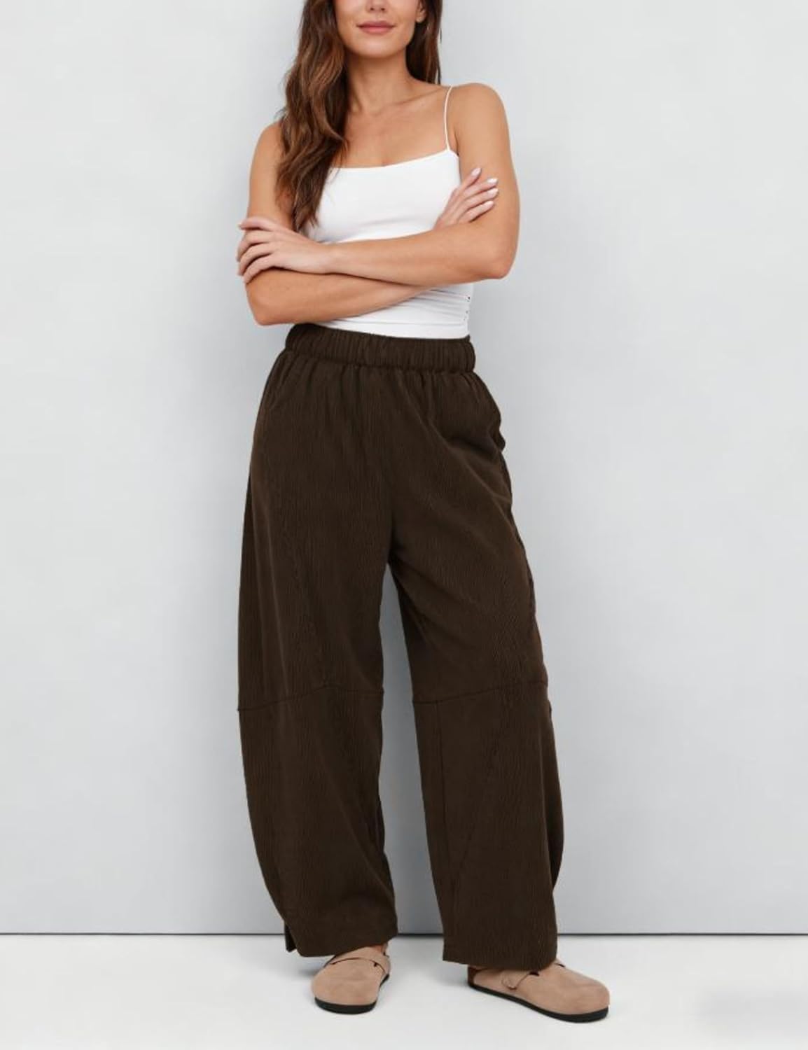 Athlisan Womens Corduroy Pants Wide Leg Cropped Barrel Baggy Elastic Waist Trousers with Pockets - Image 3