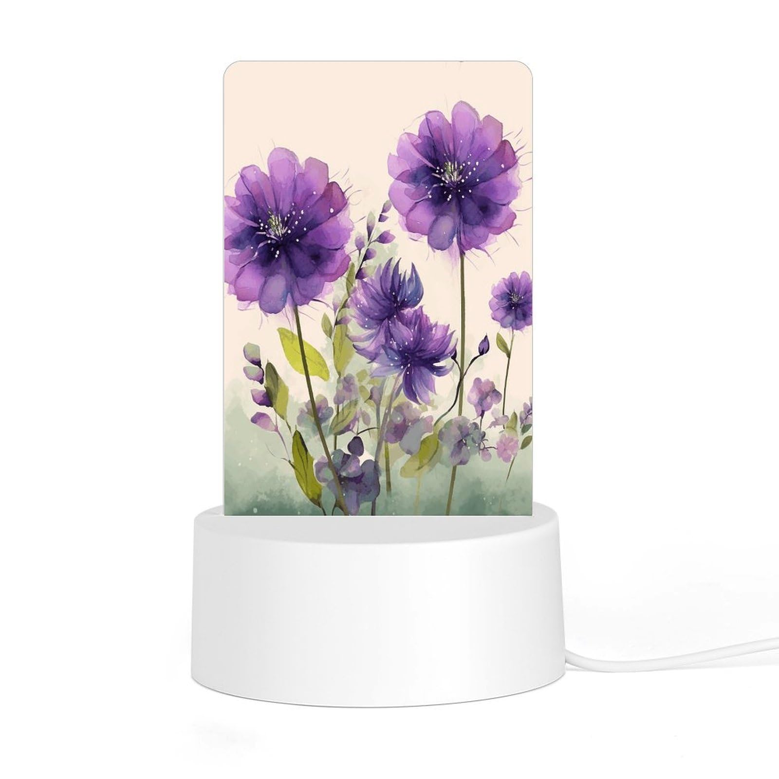 JTREHY Acrylic Night Light with Base, Watercolor Style Purple Flowers Printed Desktop Night Light LED Bedside Night Light for Bedroom, Bathroom, Corridor, Holiday Gift