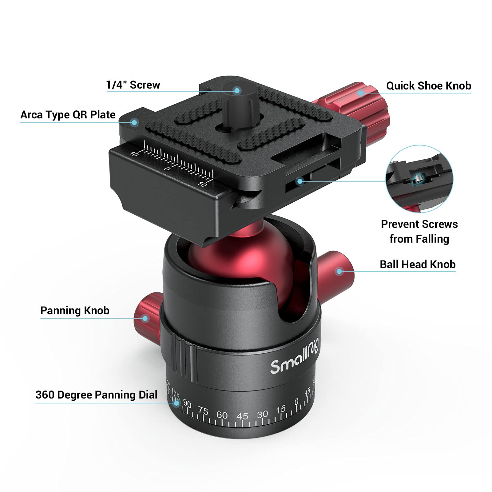 SMALLRIG Głowica kulowa 360° z mocowaniem śrubowym 1/4 cala, aluminiowa mini głowica statywu, udźwig 8 kg, do Canon/do Sony/do Nikon/do Panasonic/DSLR//smartfonów - 3034