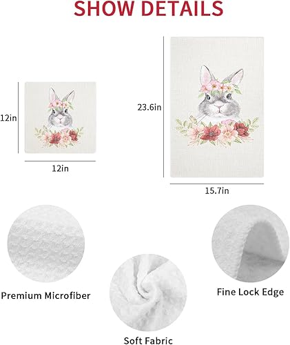 Miniatura 7 de Kitchen Towel 2 Packs Cotton Waffle Weave, Easter Bunny Flowers Spring 16 x 24 Inch Absorbent Quick Drying Dish Towels Clothes for Kitchen Living