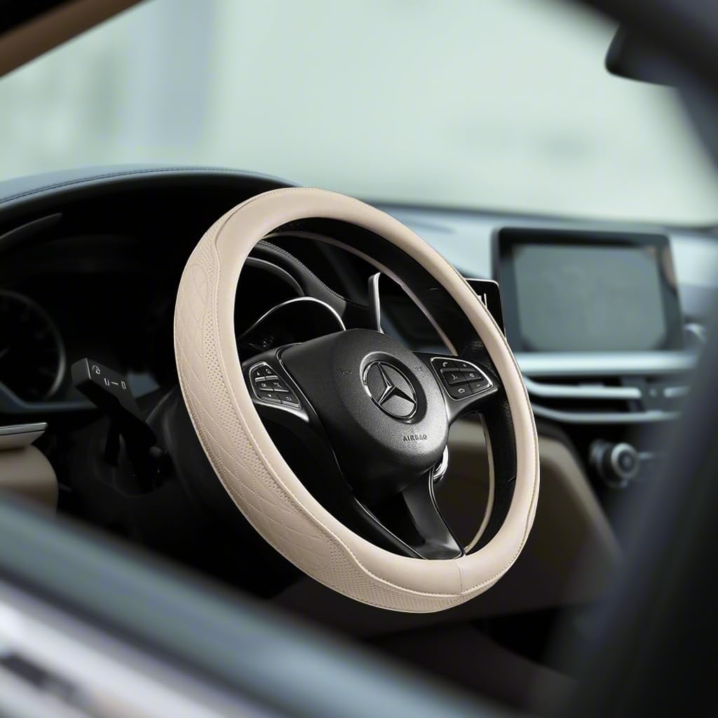 Beige Steering Wheel Cover, Perforated Synthetic Leather Car Steering Cover with Odorless Rubber Inner, Universal Non-Slip Fit for Light Color Interiors (Beige)