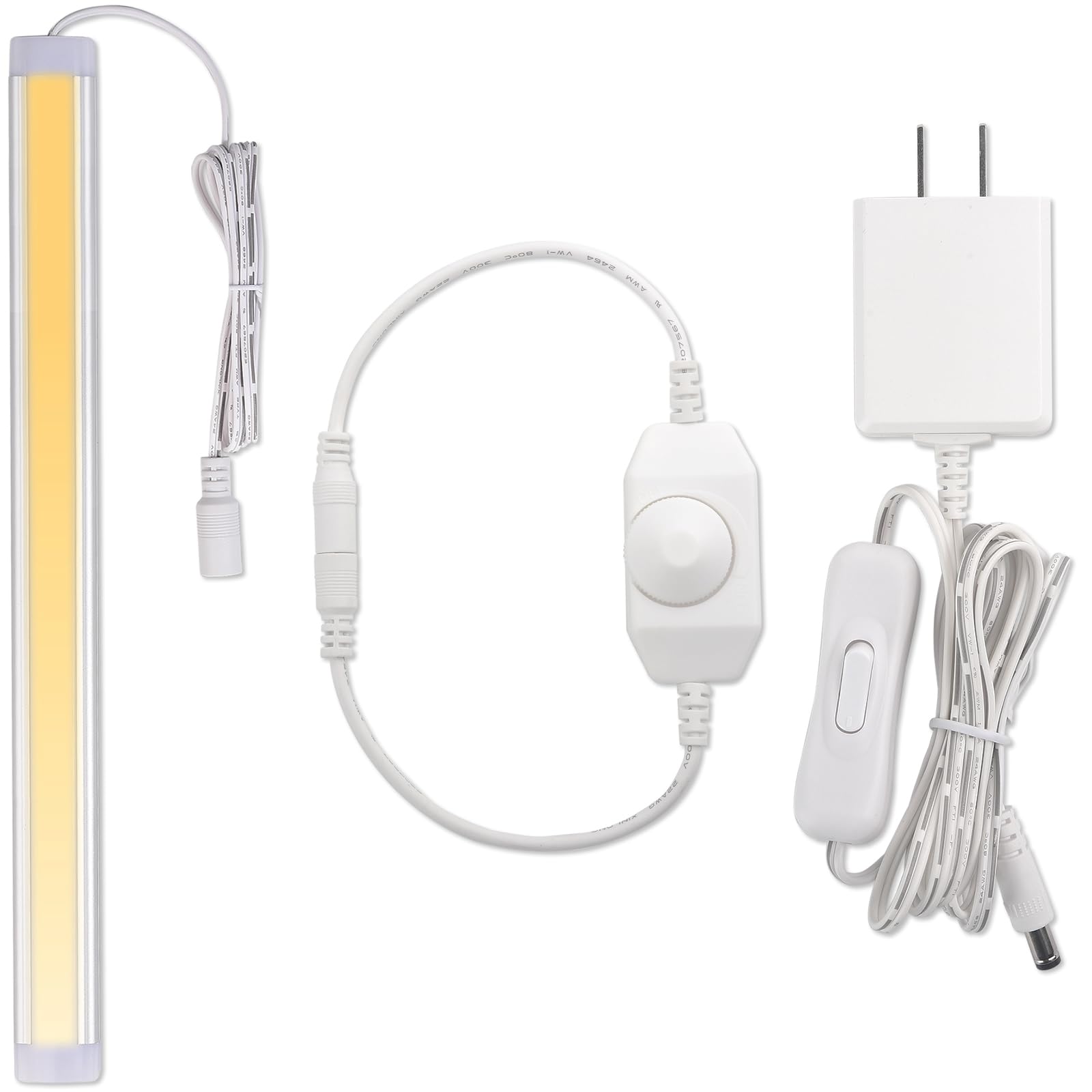 Meigour Under Cabinet LED Light Bar, 12" Single Bar Light for Kitchen Counter Collection Display Cabinet Lighting, Rotary Dimmer Switch, 120VAC Plug in, White Cord, Warm White