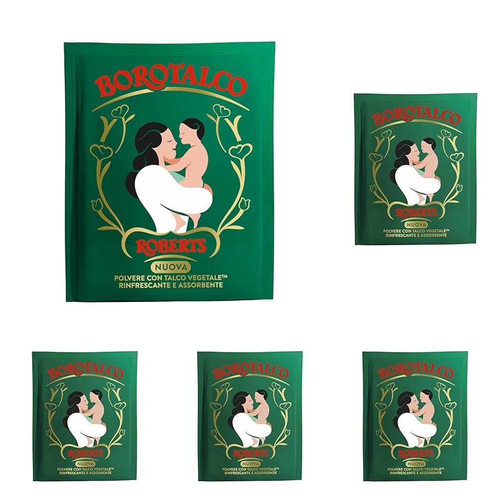Borotalco, Polvere con Talco Vegetale, Azione Rinfrescante e Assorbente, per Pelli Sensibili, Formula 100% Vegetale, Profumo di Borotalco, Dermatologicamente Testato, Busta 70 g (Confezione da 5)