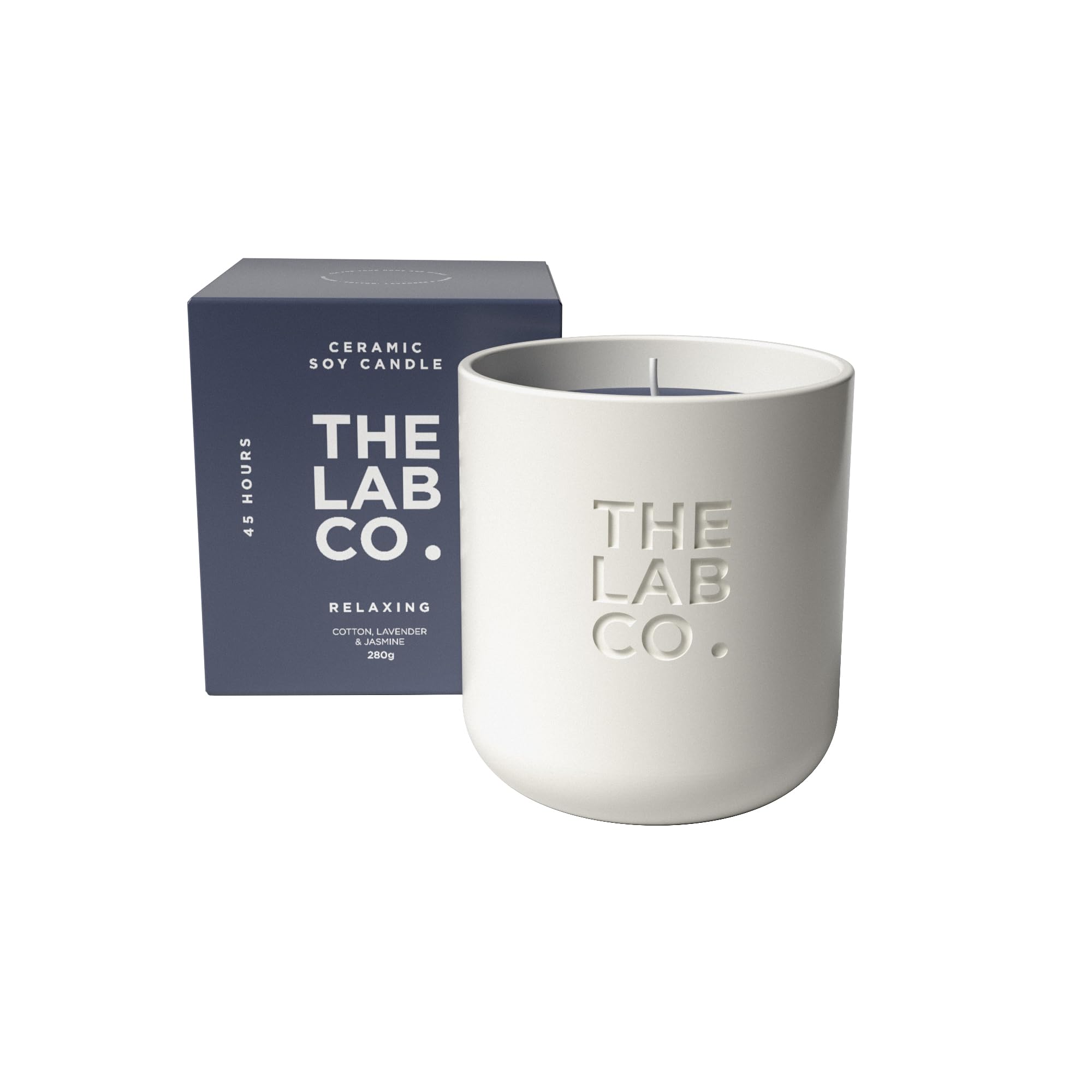 The Lab Co. Luxury Scented Candle | Ceramic Jar | 45hrs Burn Time | Relaxing Fragrance with Cotton, Lavender and Jasmine | 100% Vegan Soy Wax | 280g Wax Weight