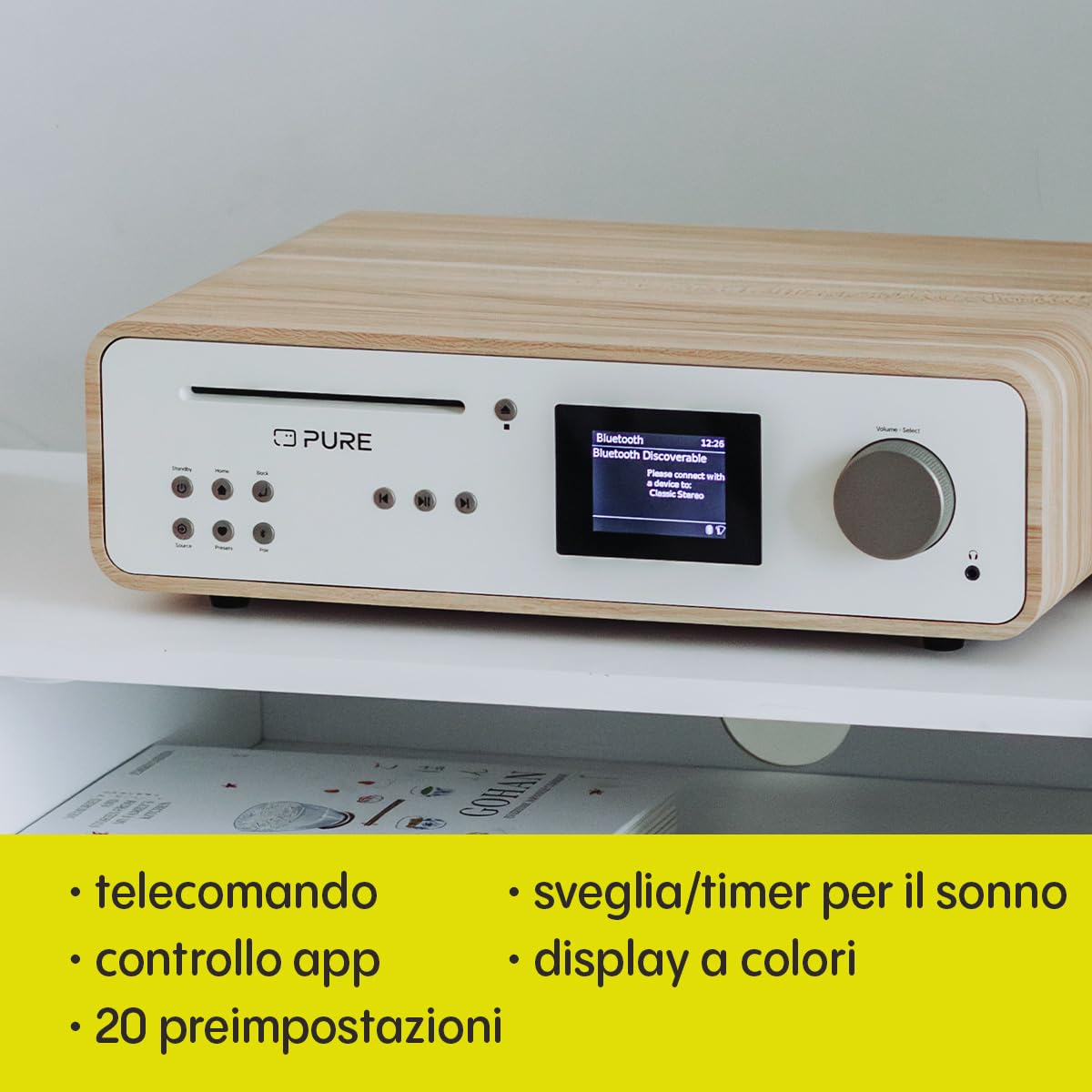 Pure Classic Stereo HiFi Music System 100 W Radio Internet DAB+/FM Bluetooth CD USB Spotify Cotton White/Oak
