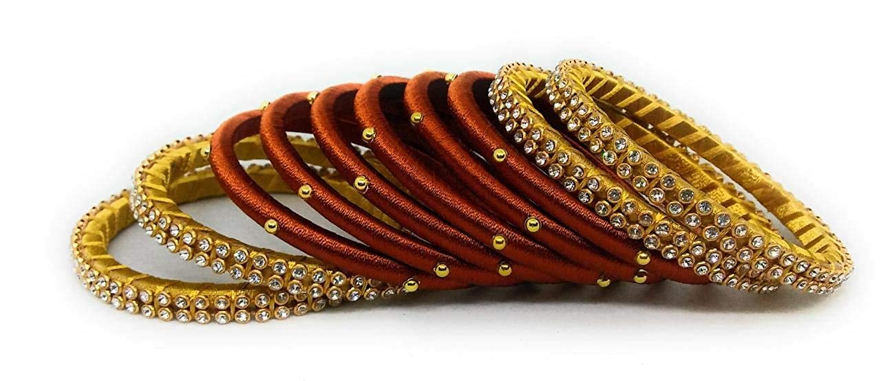Thread Trends Silk Thread Bangles Plastic Gold Plated and Zircon Bangle Dark Honney-Gold (size-2/8)