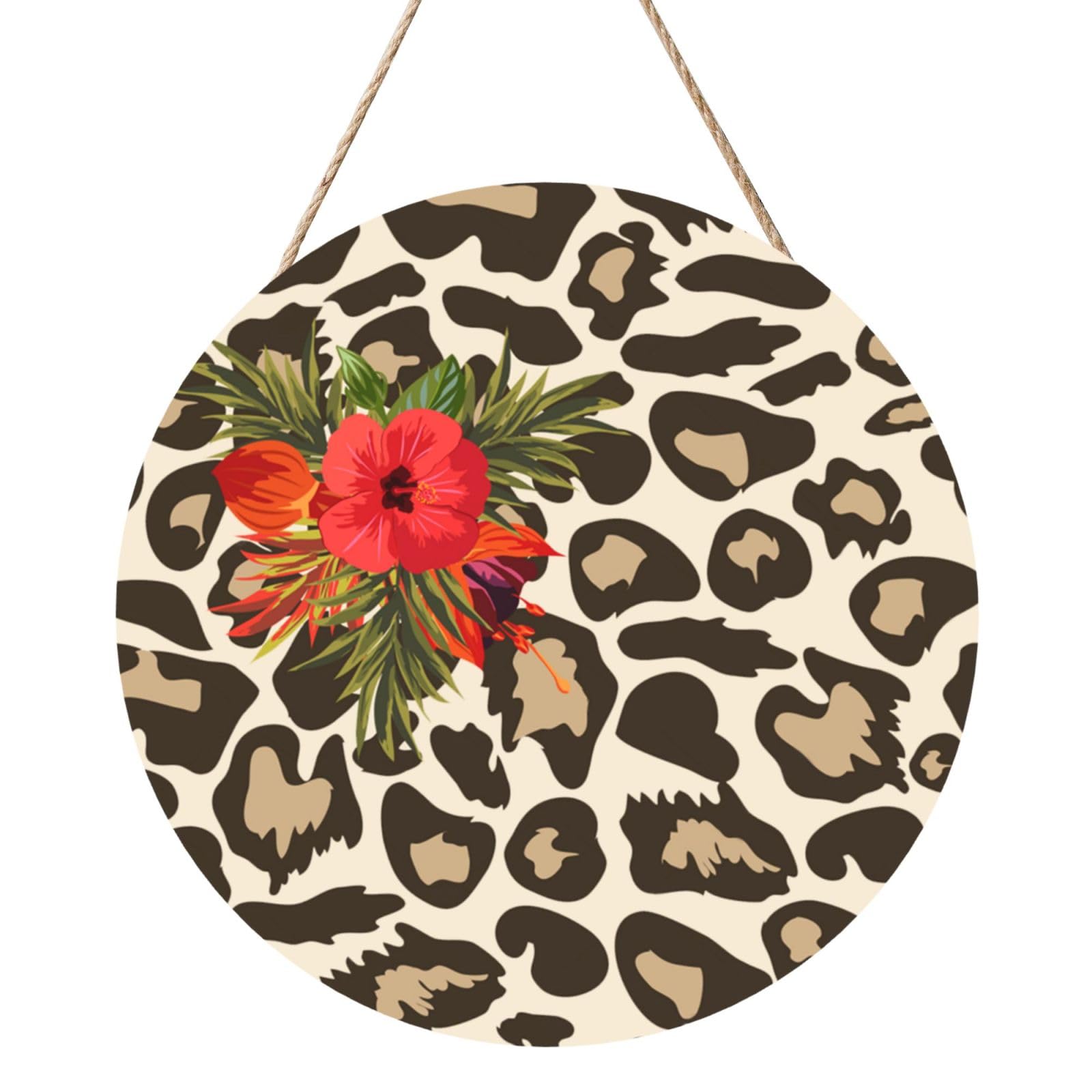 InOmak Leopard Hibiscus Flower, Round Wood Panel Painting 12 in, Wall Hanging Painting For Home