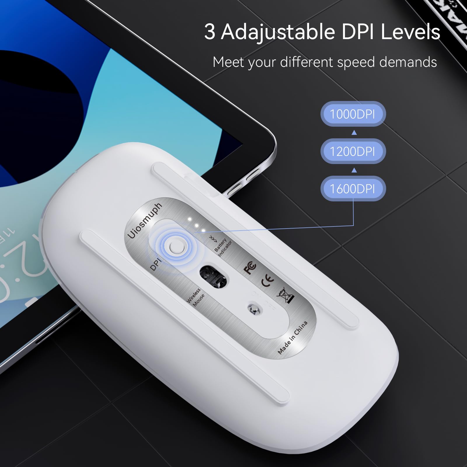Uiosmuph U58 Mouse Wireless, Ricaricabile Silenzioso Mause Wireless Senza Filo 3 Livelli DPI (800/1200/1600) per Windows/Linux/Mac/laptop/PC (Bianca)