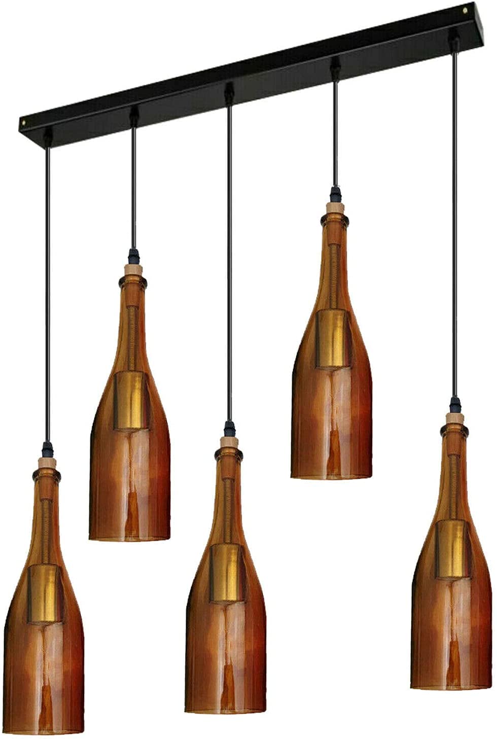 DC VOLTAGE Vintage 5 Lights Wine Bottle Pendant Light, Industrial Chandelier with Colored Glass Shades Retro E27 Base Hanging Fixture for Kitchen, Dining Room, Bedroom, Café (Yellow)