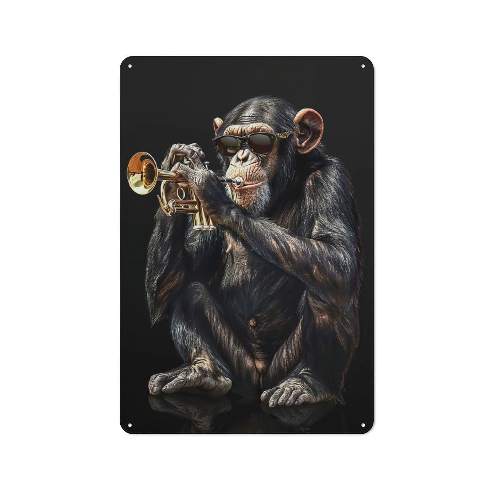 Chimpanzee Trumpet Decorative Tin Sign 30x20cm, Distressed Look Vintage Wall Decor for Lounge, Study, Pub Or Wall Gallery