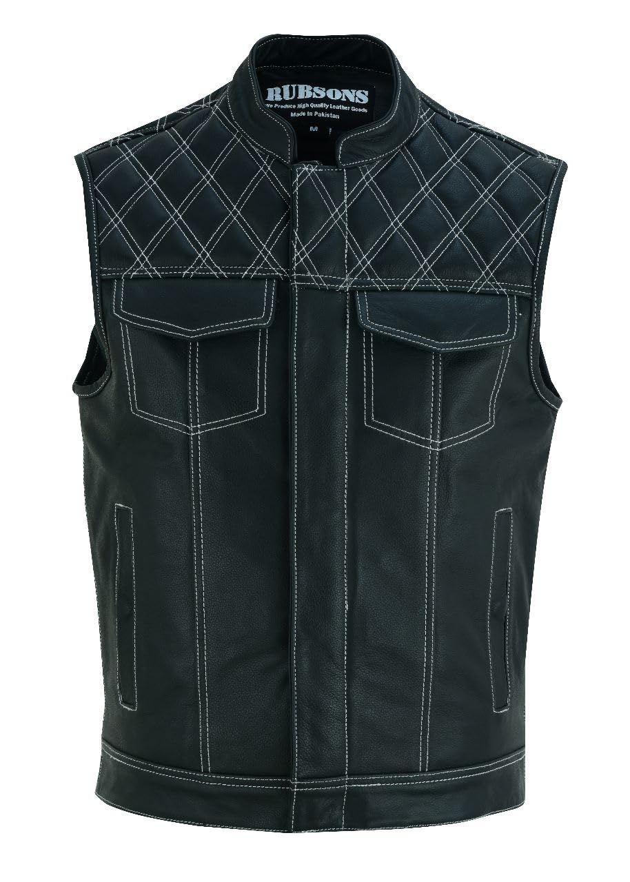 SOA Men's Motorcycle Diamond White Stitching quilted Leather Biker Club Style Vest