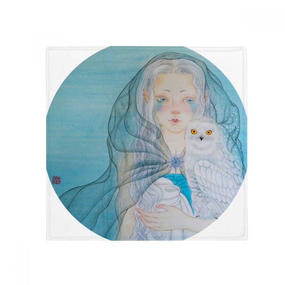 Cadeau tapis hibou bleu blanc aquarelle 60x60cm pour salon et entrée fille