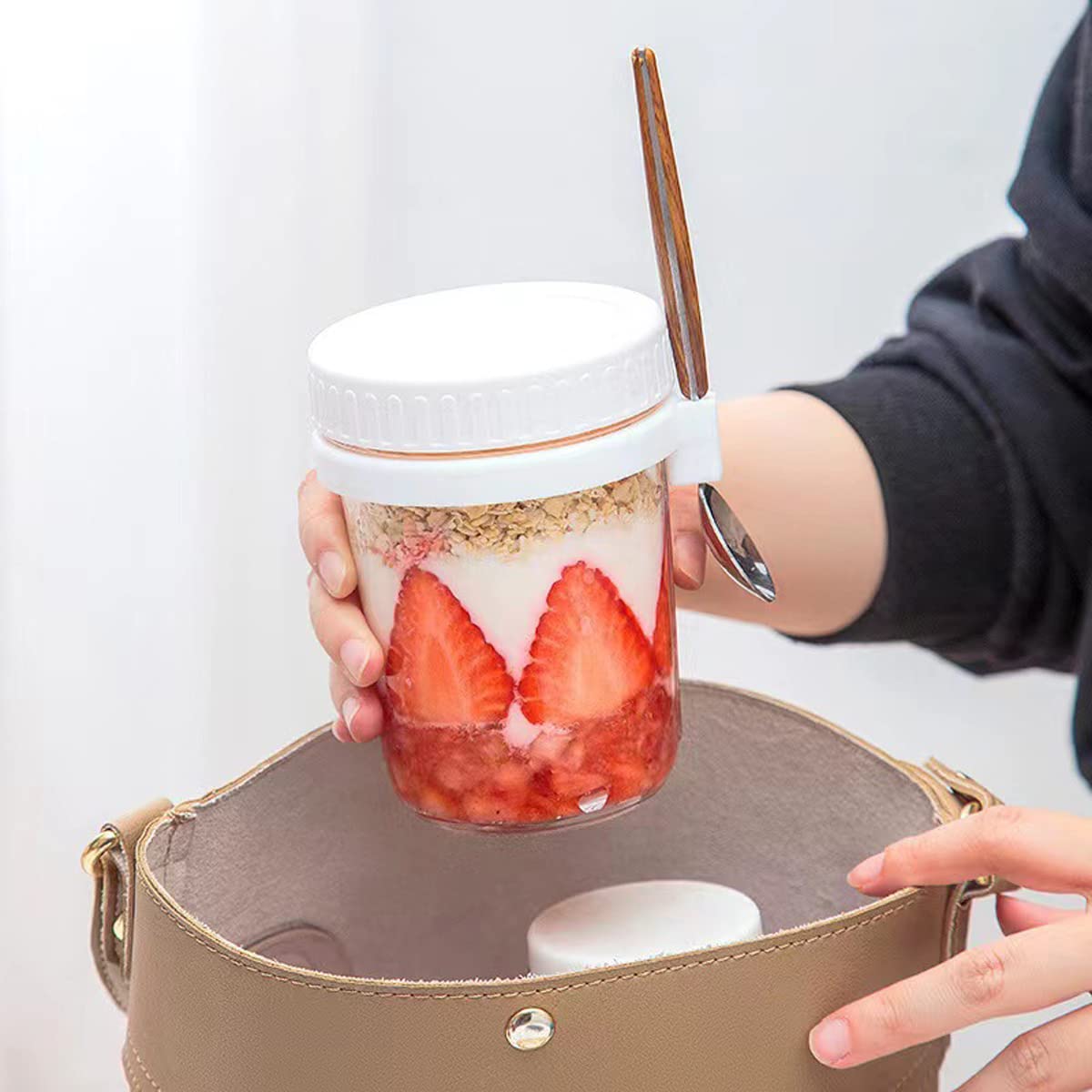 Hniuyun Confezione da 4 barattoli di avena durante la notte con coperchio e cucchiaio, barattoli ermetici da 10 once con segni di misurazione, latte, porridge frutta