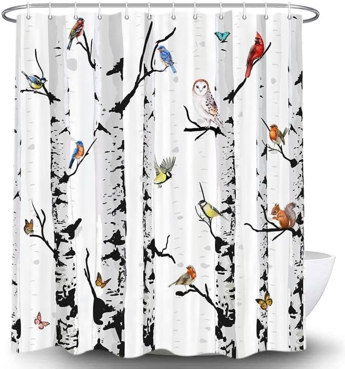 Miniatura 8 de Cortina de ducha de tela de invierno con pájaros, cortina de ducha de bosque de abedul blanco y negro para baño, cortinas de ducha de animales con