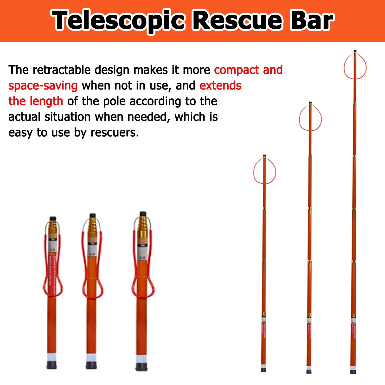 Palo telescopico di salvataggio 4,5-6,5 m, strumento salvavita in fibra di vetro, carico di 120 kg, sicurezza leggera per piscine con design luminoso e riflettente