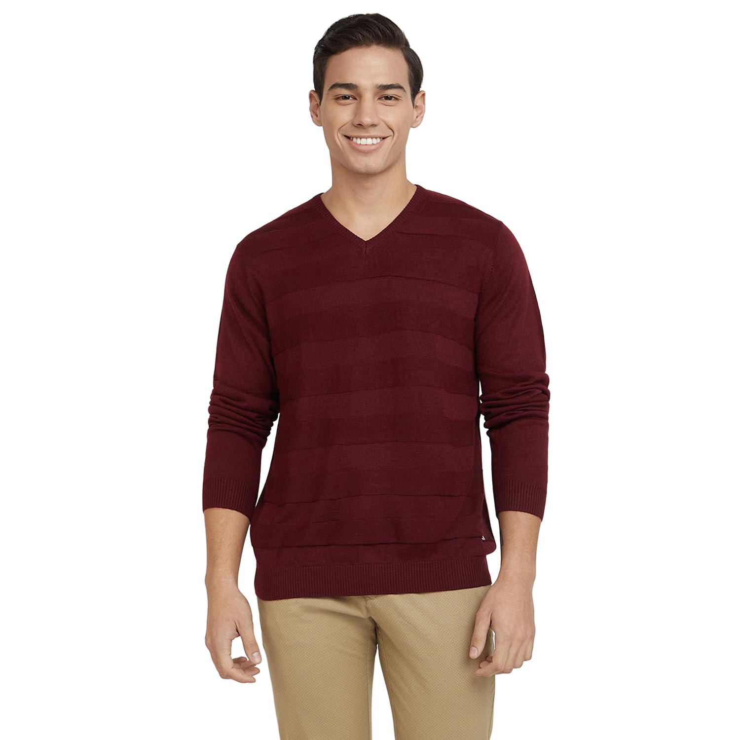 park avenue Men's Regular Fit Acrylic Wool Blend Full Sleeve V Neck Solid Pattern Dark Green Casual Sweater-picture-36