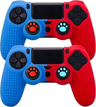 YoRHa Silicone Skin for PS4 Controller x 2Red+Blue with Exclusive Thumb Grips x 4