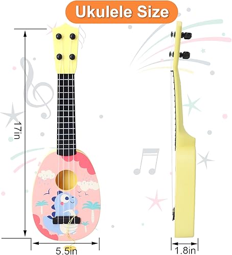 Miniatura 9 de YOLOPLUS+ Ukelele de juguete para niños, juguete musical de guitarra para niños, 4 cuerdas de acero de 17 pulgadas, con púa, para niños juegan con