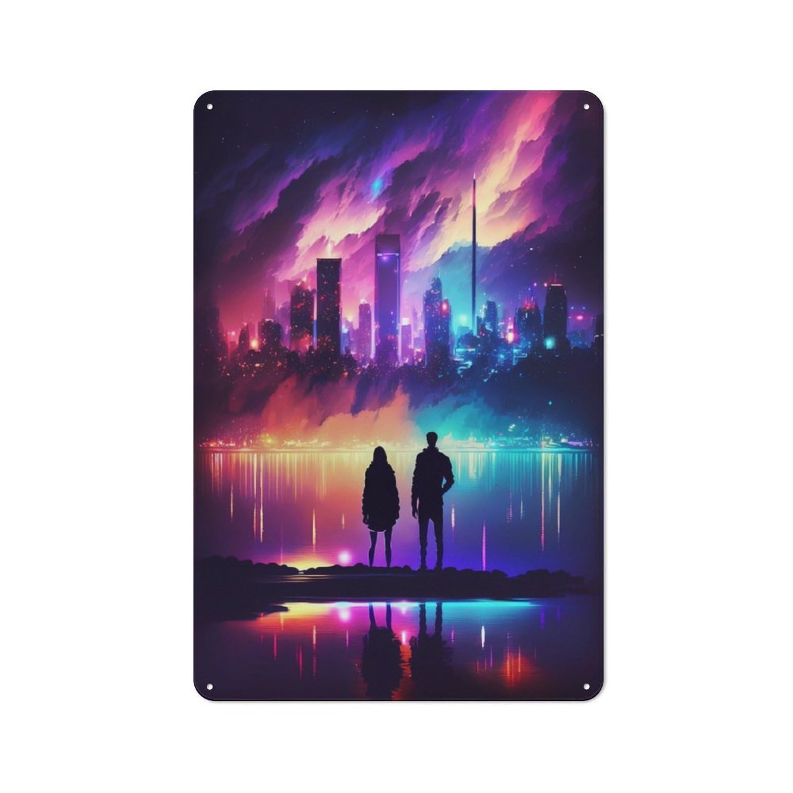 Junmoney Neon Night Landscape Metal Sign 30X20cm With For Workshop Wall, Rustic Decor, For Garage, Workshop And Man Cave Decoration