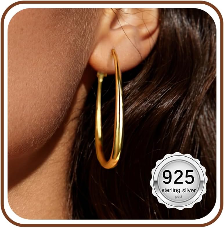 18K Gold Plated Chunky Oval Hoop Earrings for Women 925 Sterling Silver Post 45mm Big Trendy Earrings Lightweight Hypoallergenic Fashion Jewelry Gift