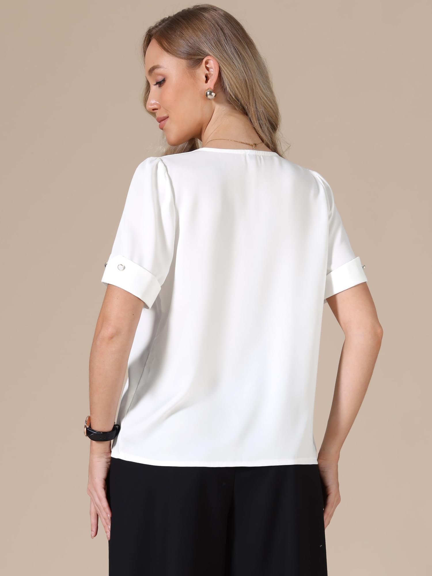 Allegra K Chemisier élégant en satin pour femme avec col en V et manches courtes