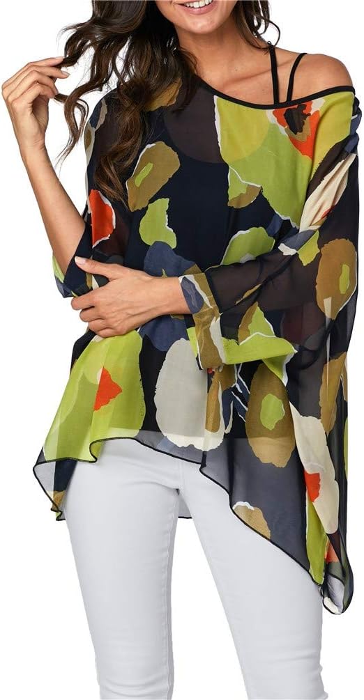 Nicetage Boho Top Sheer Dressy Blouse Chiffon Blouses for Women Sheer Poncho Flowy Batwing Tops Cruise Wear