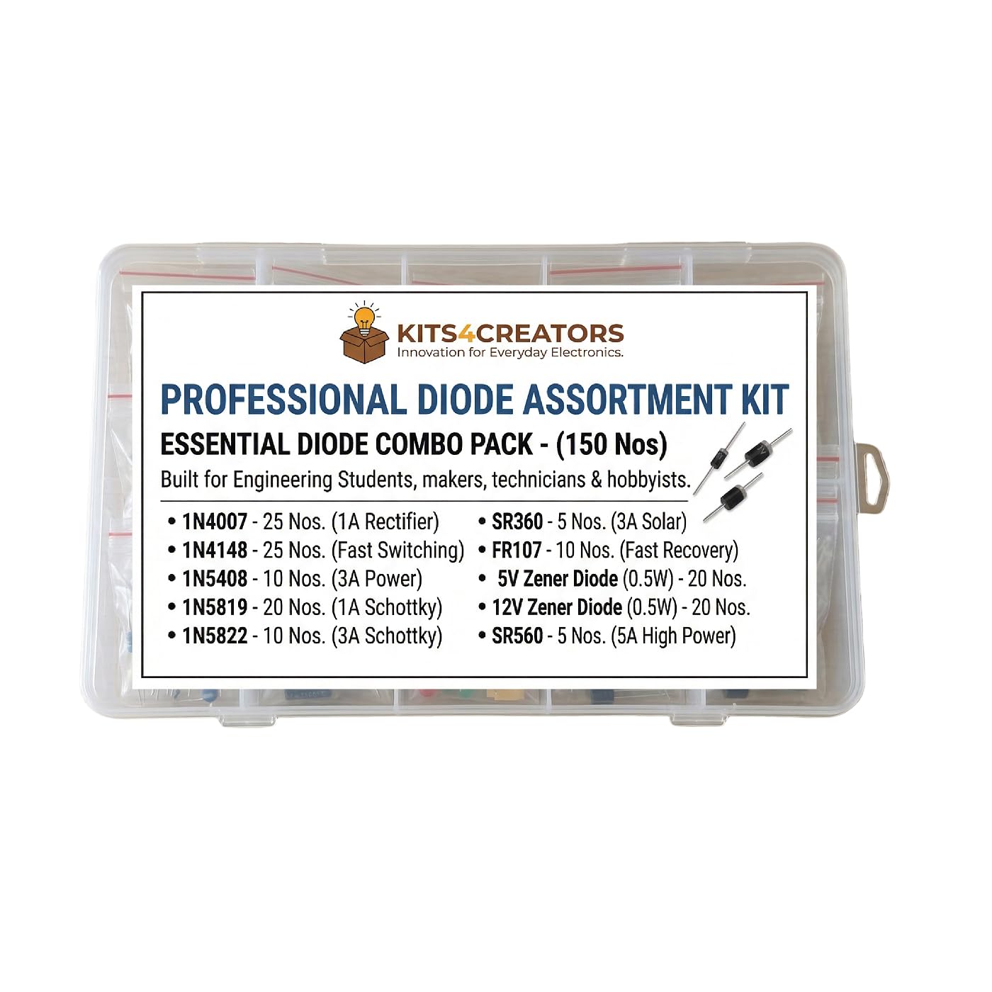 Diode Assortment Kit 150 Pcs | 1N4007 1N4148 1N5408 1N5819 1N5822 SR360 SR560 FR107 Zener Diodes 5V 12V | Rectifier Schottky Fast Recovery | DIY Electronics Components-image-7
