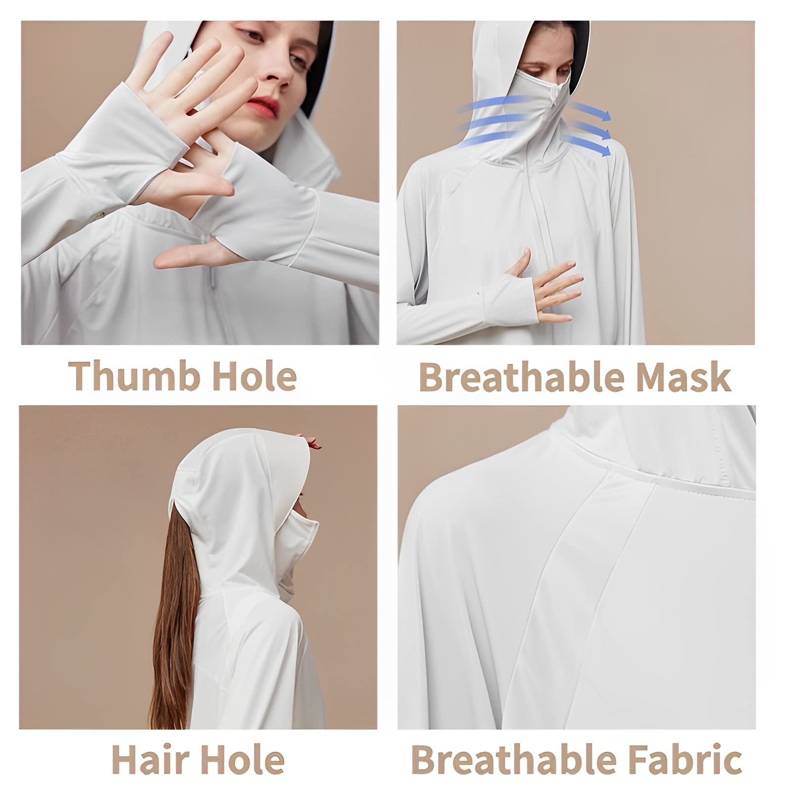 ooibnn Women's UPF 50+ Sun Protection Hoodie Jacket Lightweight Long Sleeve for Women Full Zip Athletic Jackets for Hiking Fishing Walking Biking Outdoor (Grey,One Size)