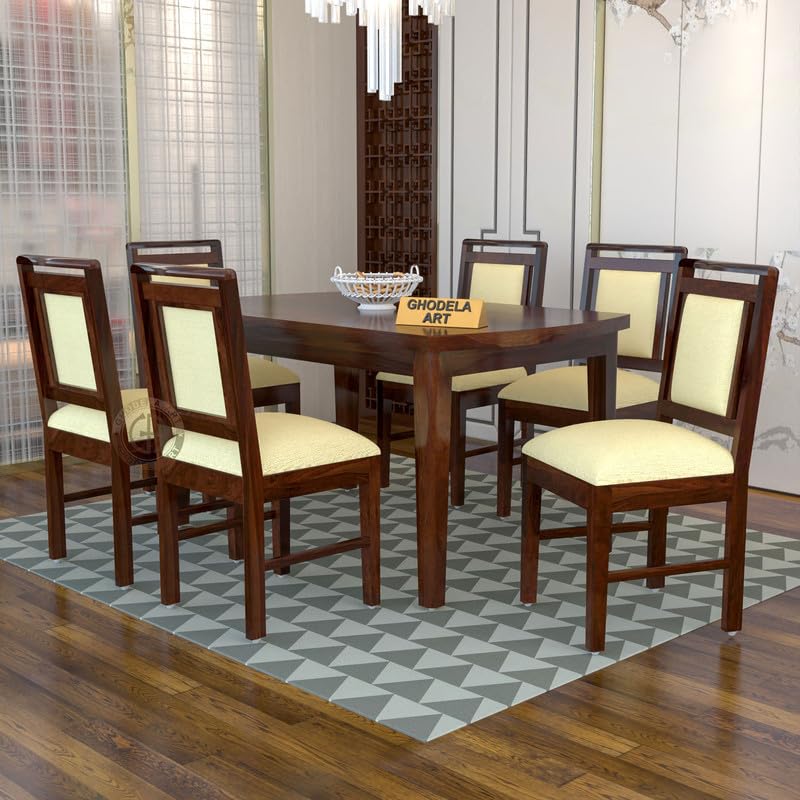 Image of Sheesham Wood Oval Dining Table with Cushion Chairs Set for Home Hall | Solid Wood Dinner Table with Chairs for Hotels | Dining Room Sets (Walnut Finish, 6 Seater)