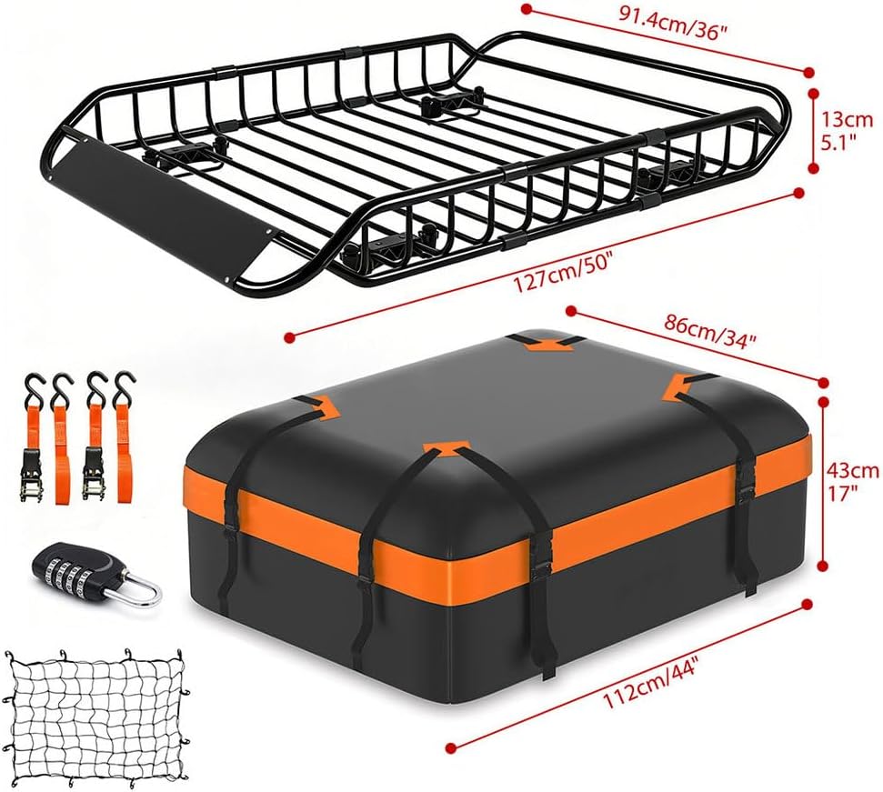 Roof Rack Carrier Basket 51" X 36" X 5" Universal Rooftop Cargo Basket, Extendable Universal Rooftop Luggage Carrier with Waterproof Cargo Bag, for SUV Truck Car