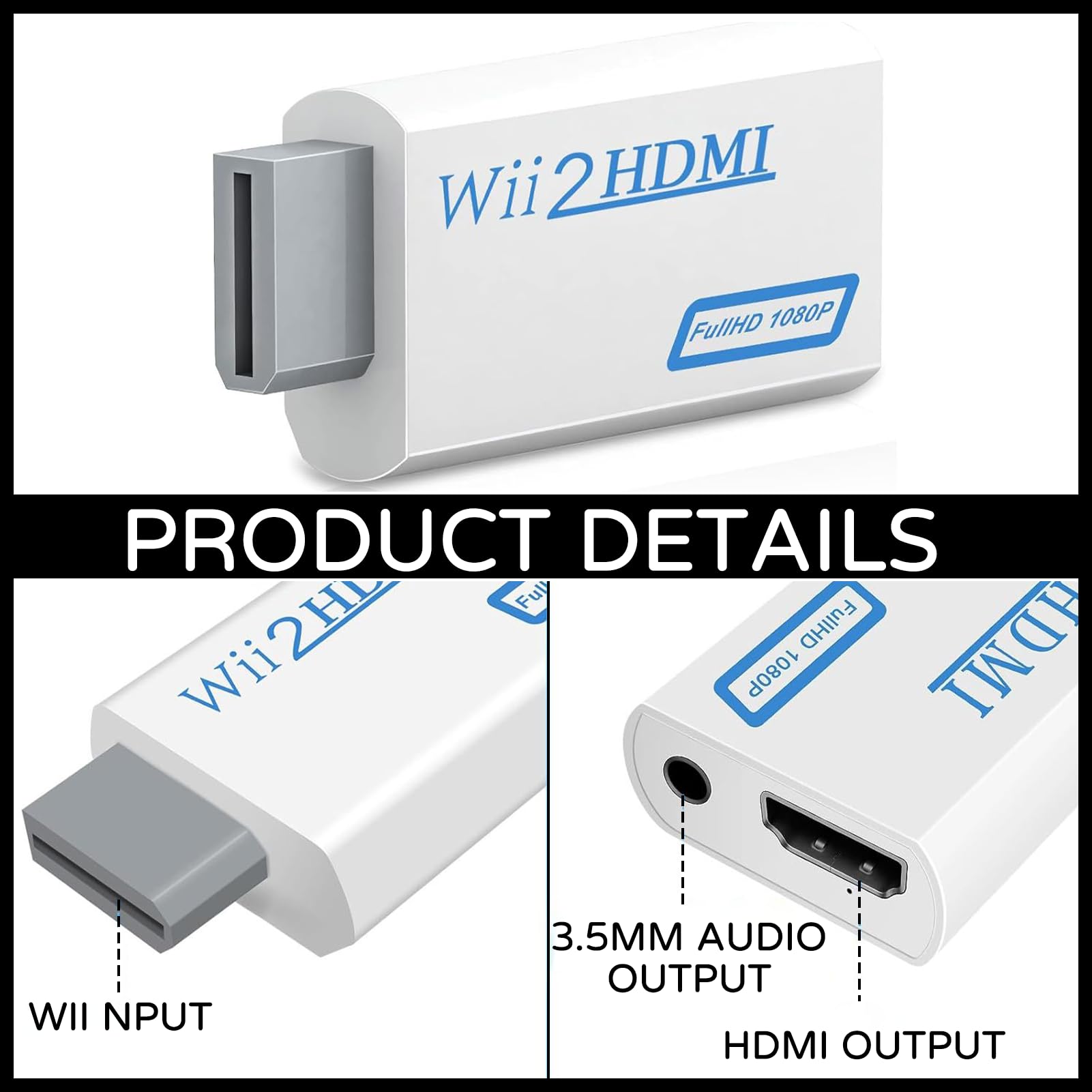 Wii HDMI Adapter mit 1,5 m HDMI Kabel 1080P,Wii Adapter Hdmi Konverter mit 1080P/720P Eingang und Ausgang Video und Audio 3,5 mm,für Wii Konsole HDMI Monitor HDTV Video Projektor - 4