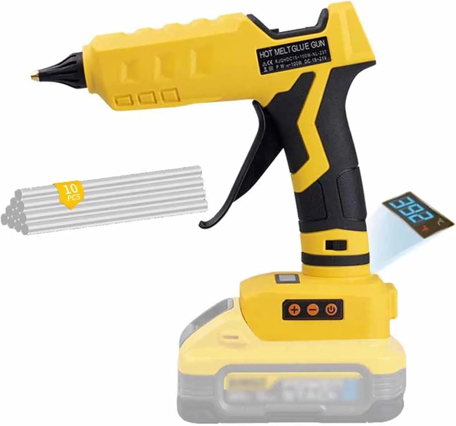 Hot Glue Gun, 100W Cordless Hot Glue Gun 100°C-200°C Temp Adjust LCD Digital Display With 10Pcs 11mm Sticks For 20V Battery