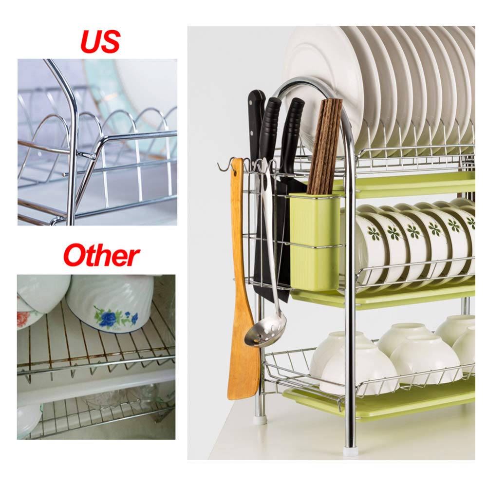 Escurridor de platos de acero inoxidable, organizador de cocina a prueba de óxido con 3 cubos de drenaje para platos, vasos, tazas y cubiertos, estante de secado duradero que ahorra espacio para un