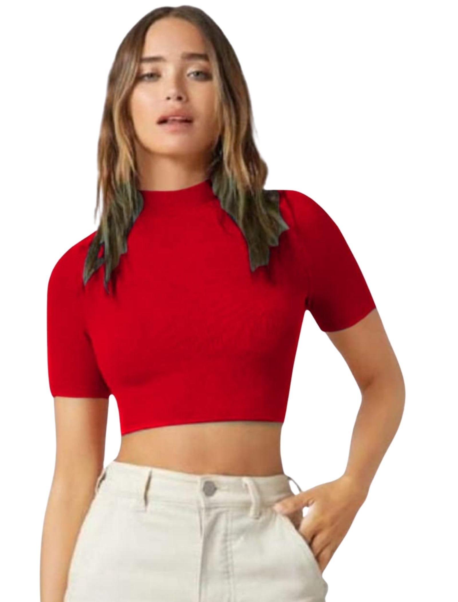 navyankaa Women’s Mock Neck Crop Top – Stretchable Half Sleeve Slim Fit Solid Ribbed T-Shirt for Casual 17" Inch-picture-35
