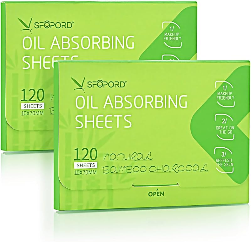 Papel antibrilho facial com carvão de bambu SFOPORD, 2 pacotes com 240 folhas
