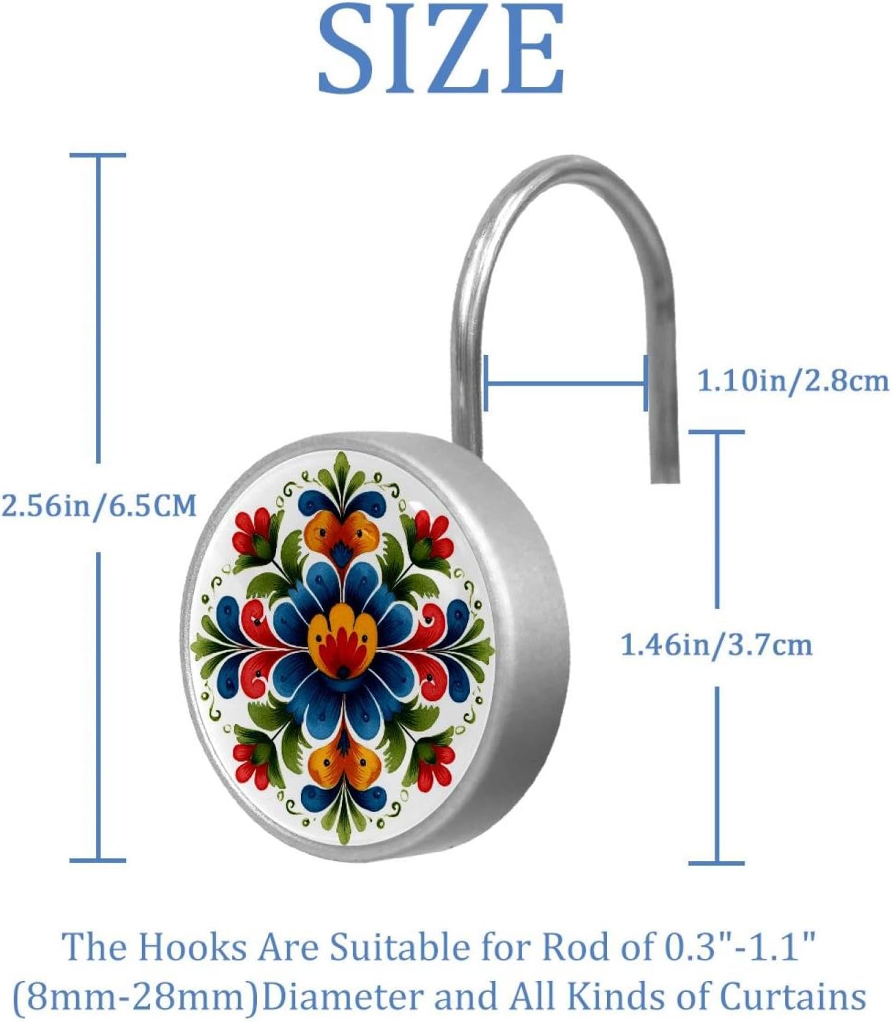 12PCS Norwegian Rosemaling Folk Style Flower (61) Shower Curtain Hooks Metal Rust Resistant Decorative Shower Curtain Hooks Bathroom Decorations