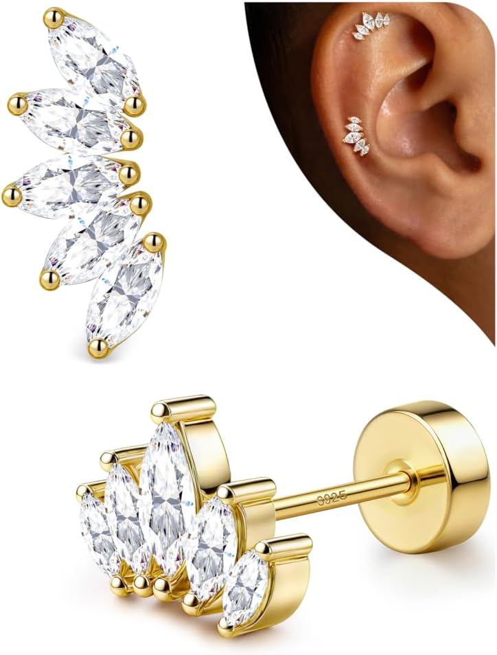 Hypoallergenic Cartilage Earrings for Women Flat Back-925 Sterling Silver Post Stud Flatback Earrings for Sensitive Ears-20G Ear Crawler Climber Cartilage Earring Tragus Conch Helix Piercing Jewelry