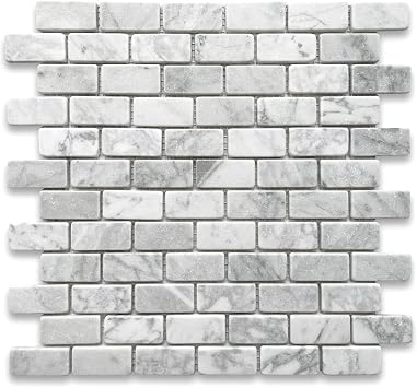 Stone Center Online Carrara White Marble 1x2 Medium Brick Mosaic Tile Tumbled Kitchen Bath Wall Floor Backsplash Shower 1 Sheet