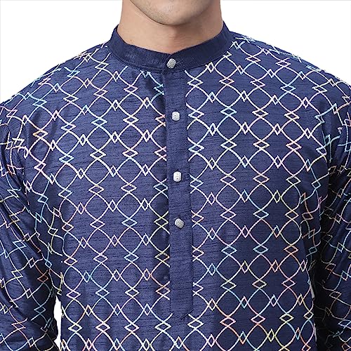 Image of SOJANYA (Since 1958 Men's Silk Blend NavyBlue Kurta with Multi Color Embroidery and Off-White Pyjama
