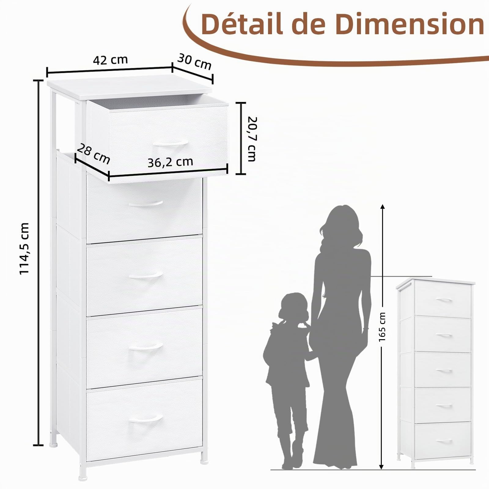 Somdot Commode de Rangement à 5 Tiroirs en Tissu, Blanc