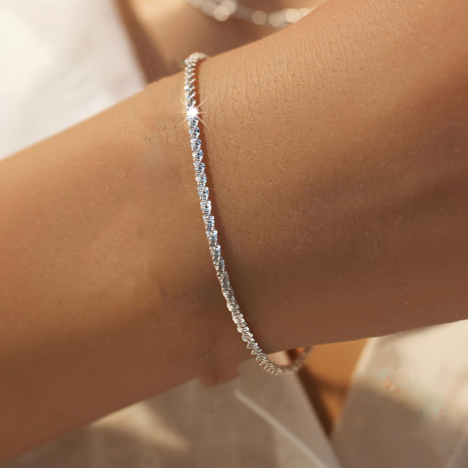 Silver Link Bracelet for Women, 14K White Gold Plated Hypoallergenic Lightweight Cute Sparkle Chain Bracelet, Small Adjustable Shiny Simple Bracelet