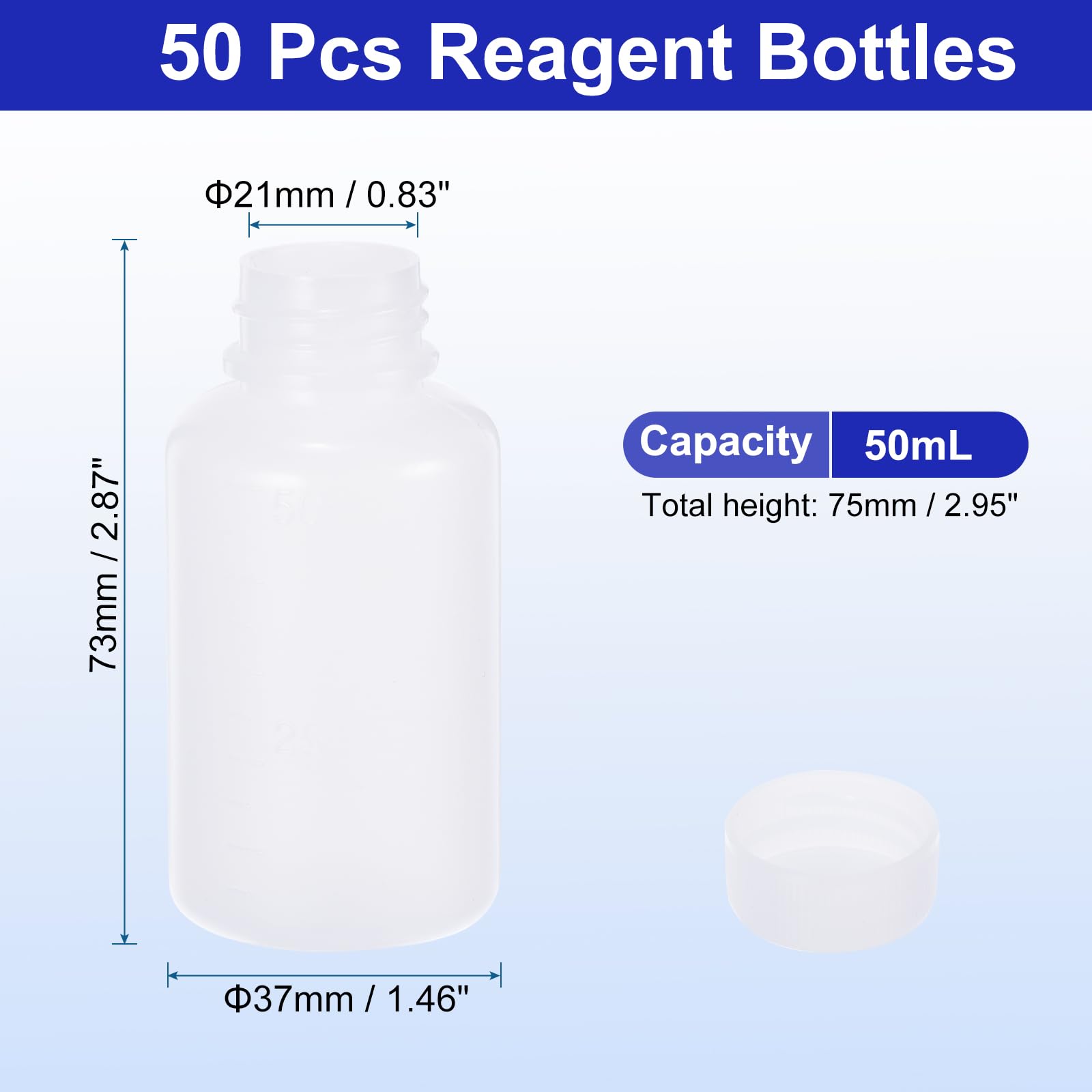 PATIKIL 50 Unidades de Botellas de Reactivos de 50 ml, Botellas Redondas de Boca Pequeña Graduadas con Tapa de Rosca para Almacenamiento de Muestras Líquidas, Blanco Translúcido